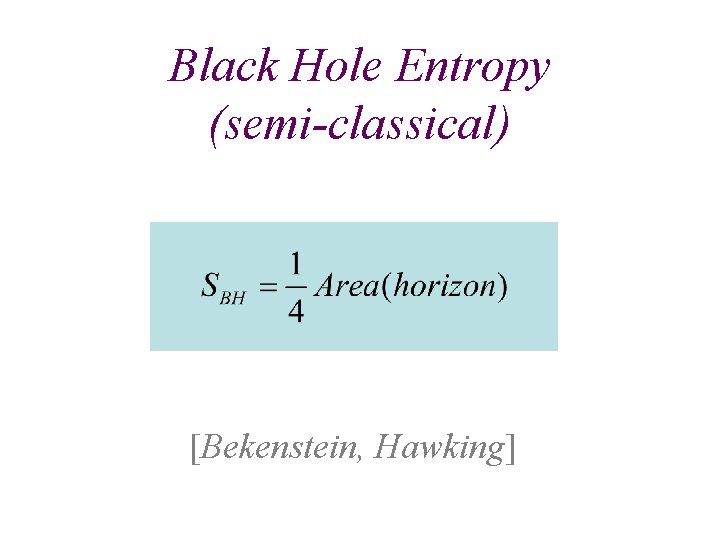 Black Hole Entropy (semi-classical) [Bekenstein, Hawking] 