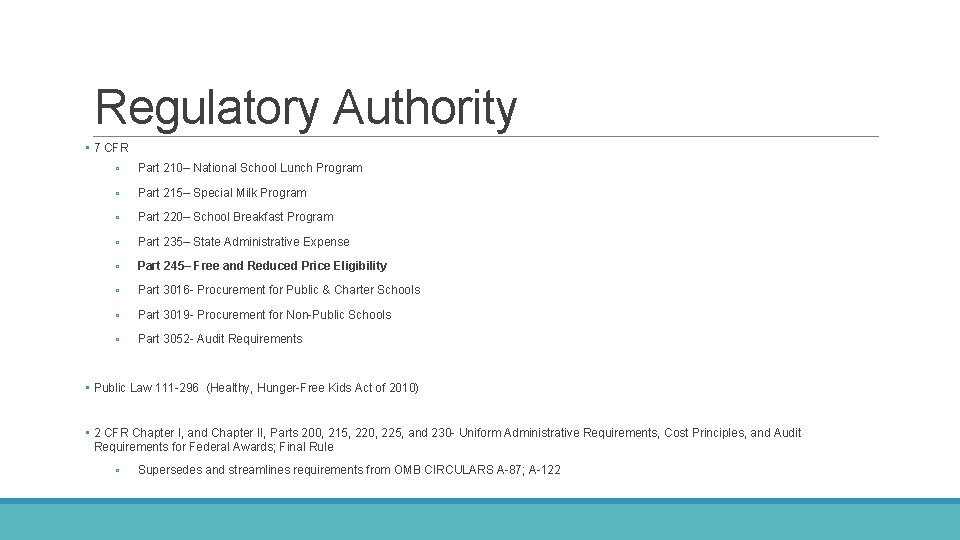 Regulatory Authority • 7 CFR ◦ Part 210– National School Lunch Program ◦ Part Regulatory Authority • 7 CFR ◦ Part 210– National School Lunch Program ◦ Part