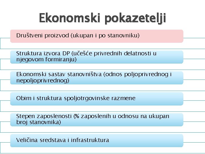 Ekonomski pokazetelji Društveni proizvod (ukupan i po stanovniku) Struktura izvora DP (učešće privrednih delatnosti