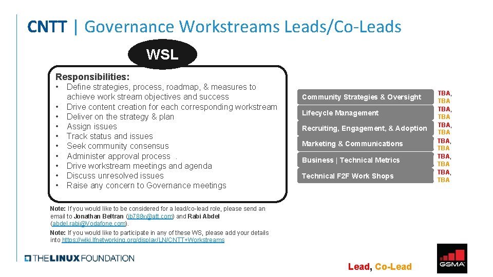 CNTT | Governance Workstreams Leads/Co-Leads WSL Responsibilities: • • • Define strategies, process, roadmap,