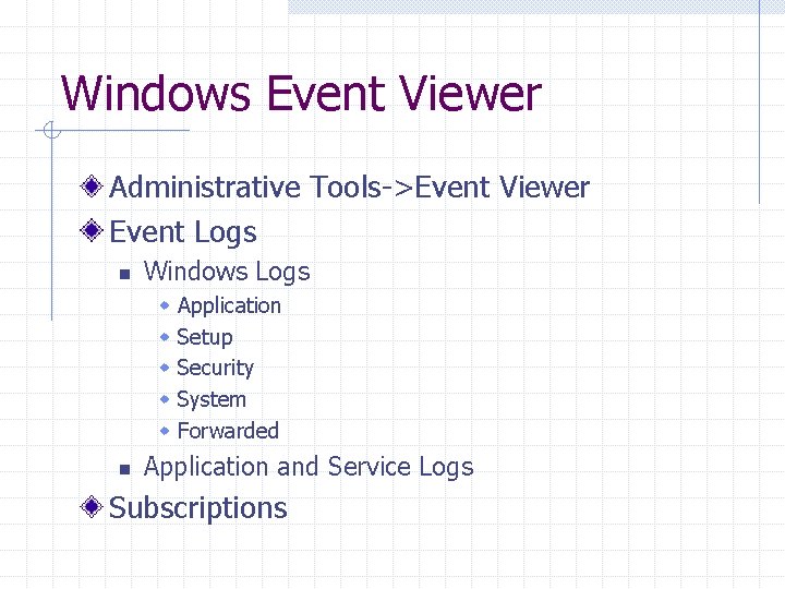Windows Event Viewer Administrative Tools->Event Viewer Event Logs n Windows Logs w w w