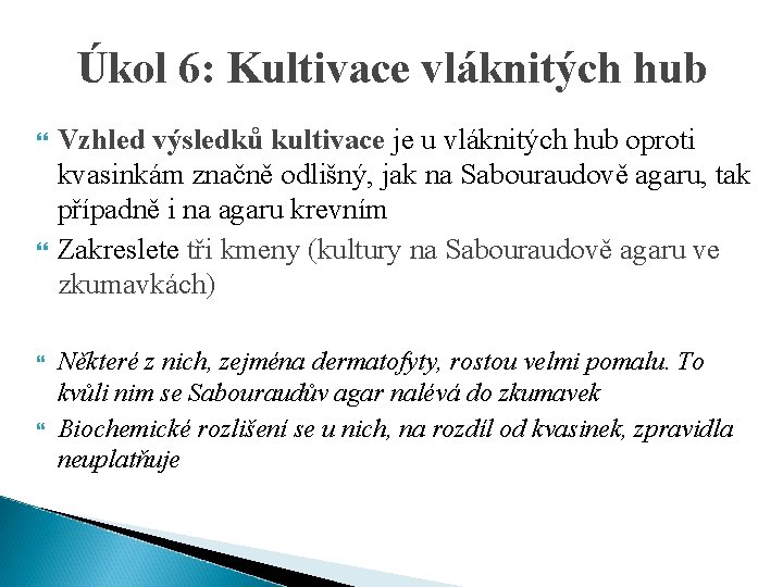 Úkol 6: Kultivace vláknitých hub Vzhled výsledků kultivace je u vláknitých hub oproti kvasinkám