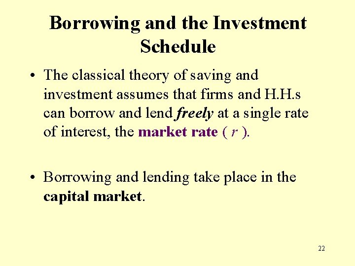 Borrowing and the Investment Schedule • The classical theory of saving and investment assumes