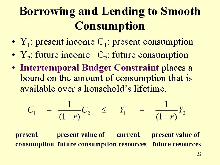 Borrowing and Lending to Smooth Consumption • Y 1: present income C 1: present