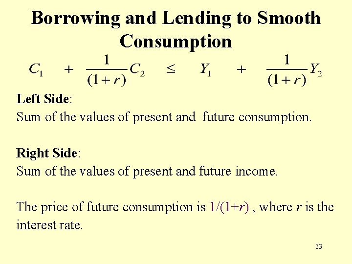 Borrowing and Lending to Smooth Consumption Left Side: Sum of the values of present
