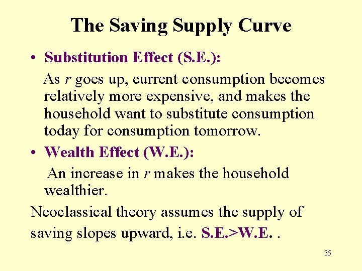 The Saving Supply Curve • Substitution Effect (S. E. ): As r goes up,