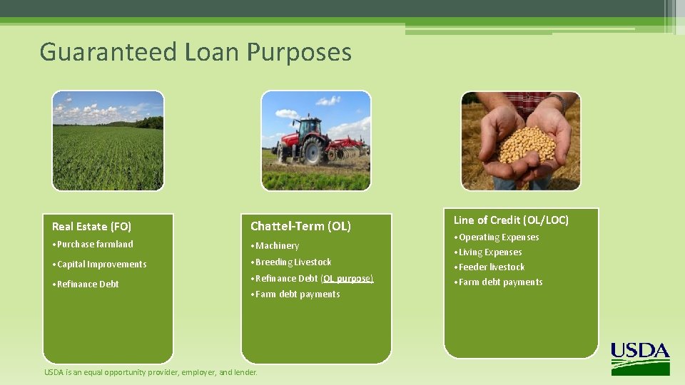 Guaranteed Loan Purposes Real Estate (FO) Chattel-Term (OL) • Purchase farmland • Machinery •