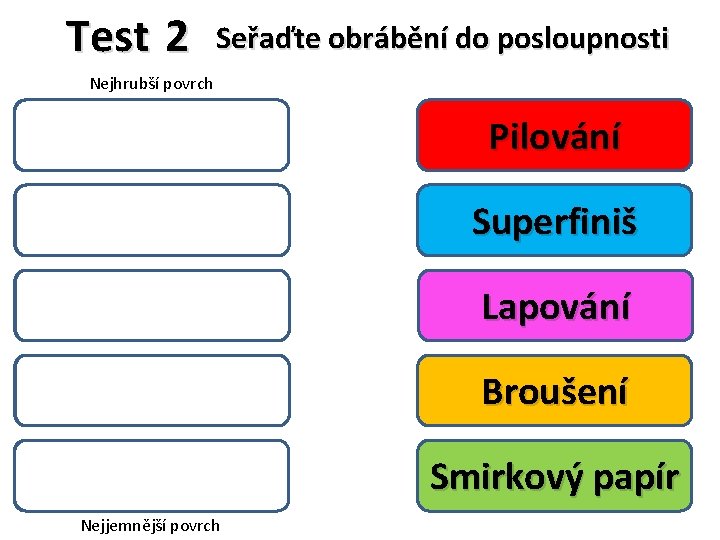 Test 2 Seřaďte obrábění do posloupnosti Nejhrubší povrch Broušení Pilování Superfiniš Smirkový papír Lapování