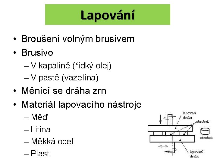 Lapování • Broušení volným brusivem • Brusivo – V kapalině (řídký olej) – V