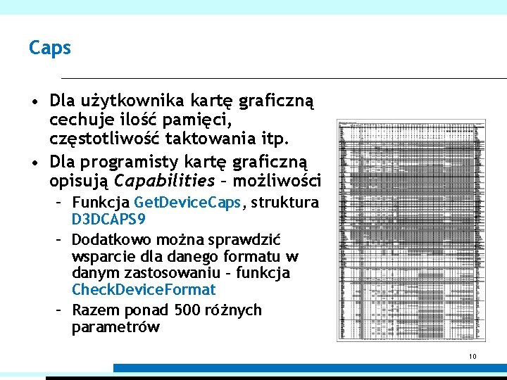 Caps • Dla użytkownika kartę graficzną cechuje ilość pamięci, częstotliwość taktowania itp. • Dla