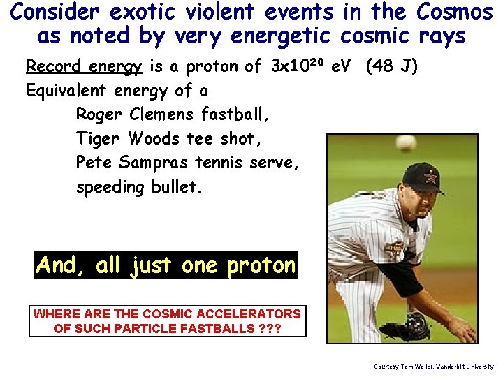 Consider exotic violent events in the Cosmos as noted by very energetic cosmic rays