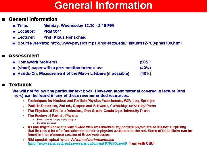 General Information n General Information u u n Assessment u u u n Time: