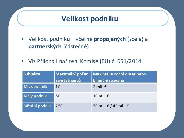 Velikost podniku • Velikost podniku – včetně propojených (zcela) a partnerských (částečně) • Viz