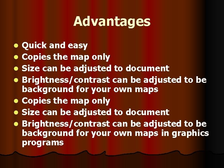 Advantages l l l l Quick and easy Copies the map only Size can