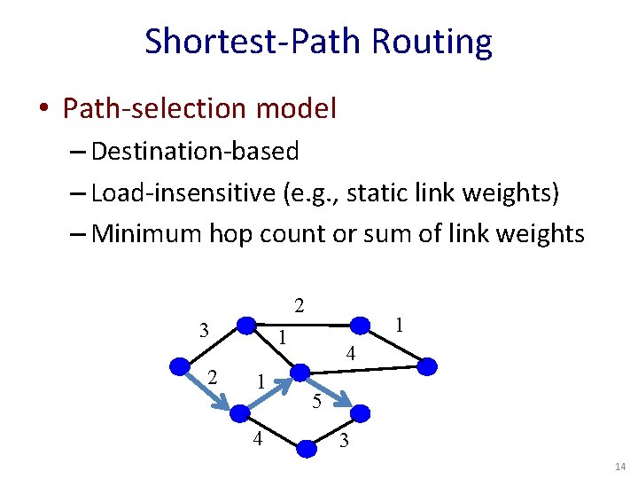 Shortest-Path Routing • Path-selection model – Destination-based – Load-insensitive (e. g. , static link