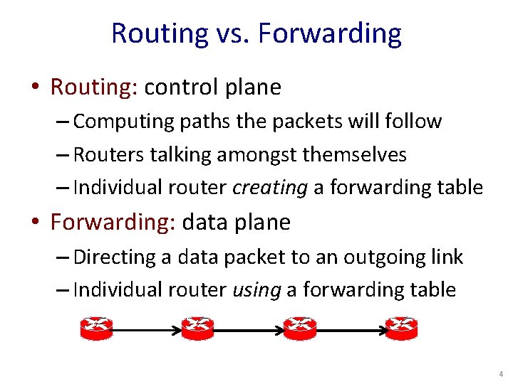 Routing vs. Forwarding • Routing: control plane – Computing paths the packets will follow
