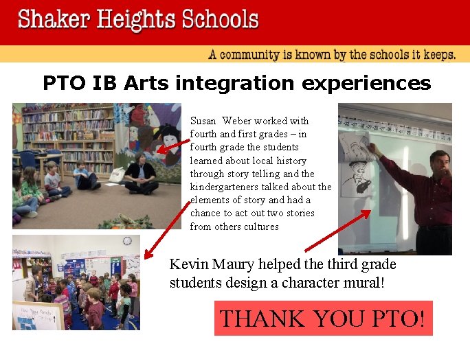 PTO IB Arts integration experiences Susan Weber worked with fourth and first grades –