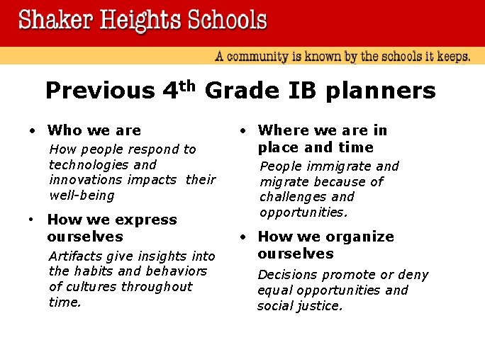 Previous 4 th Grade IB planners • Who we are How people respond to