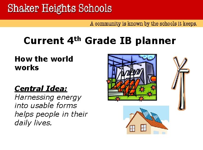 Current 4 th Grade IB planner How the world works Central Idea: Harnessing energy