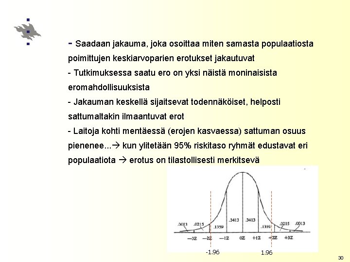 - Saadaan jakauma, joka osoittaa miten samasta populaatiosta poimittujen keskiarvoparien erotukset jakautuvat - Tutkimuksessa