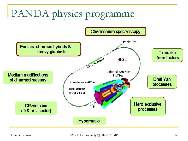 PANDA physics programme Charmonium spectroscopy Exotics: charmed hybrids & heavy glueballs Time-like form factors