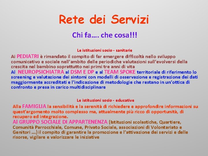 Rete dei Servizi Chi fa…. che cosa!!! Le istituzioni socio - sanitarie Ai PEDIATRI