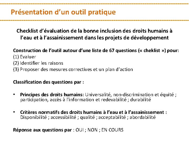 Présentation d’un outil pratique Checklist d’évaluation de la bonne inclusion des droits humains à