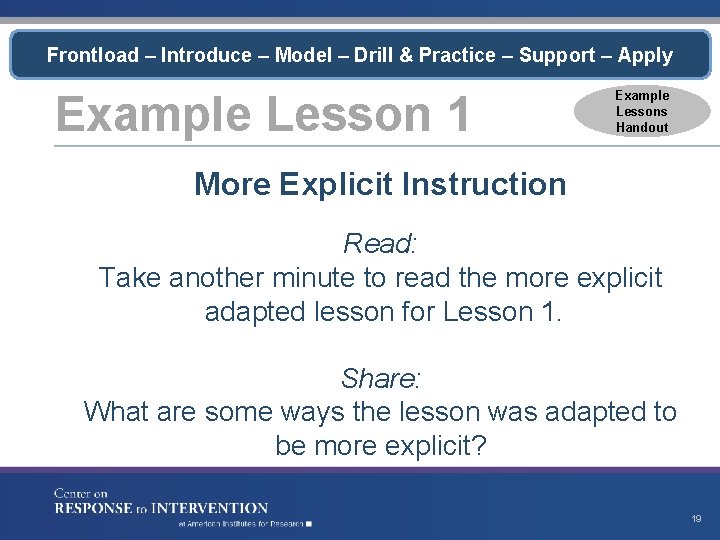Frontload – Introduce – Model – Drill & Practice – Support – Apply Example
