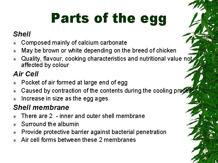 Parts of the egg Shell Composed mainly of calcium carbonate May be brown or