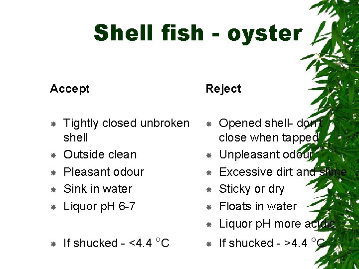 Shell fish - oyster Accept Tightly closed unbroken shell Outside clean Pleasant odour Sink