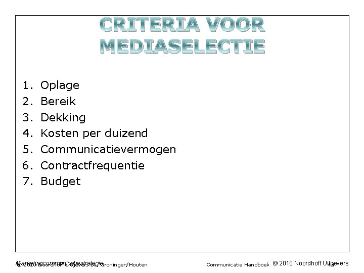 CRITERIA VOOR MEDIASELECTIE 1. 2. 3. 4. 5. 6. 7. Oplage Bereik Dekking Kosten