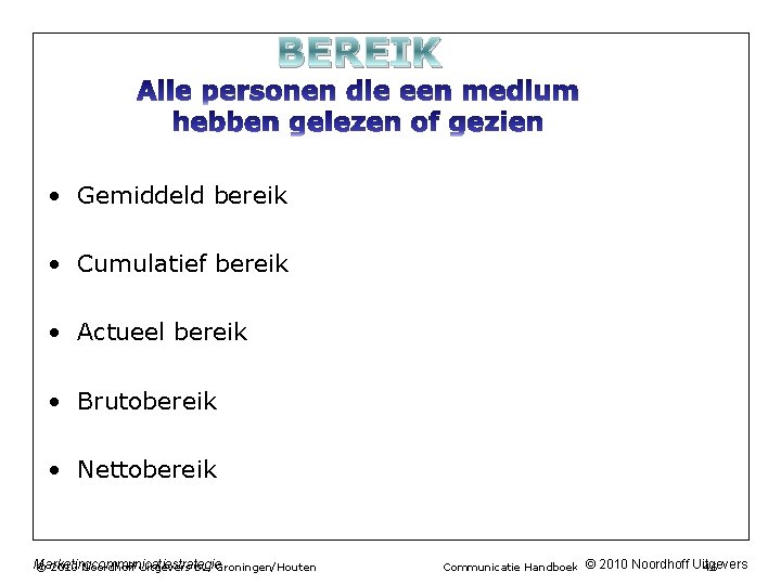 BEREIK • Gemiddeld bereik • Cumulatief bereik • Actueel bereik • Brutobereik • Nettobereik