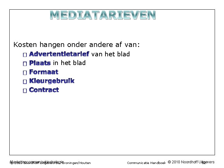 MEDIATARIEVEN Kosten hangen onder andere af van: van het blad in het blad Marketingcommunicatiestrategie