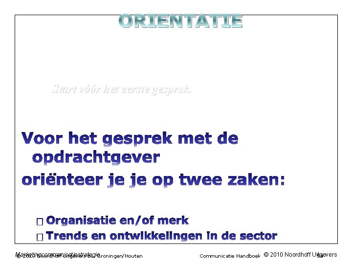 ORIENTATIE Start vóór het eerste gesprek. Marketingcommunicatiestrategie © 2010 Noordhoff Uitgevers bv, Groningen/Houten Communicatie