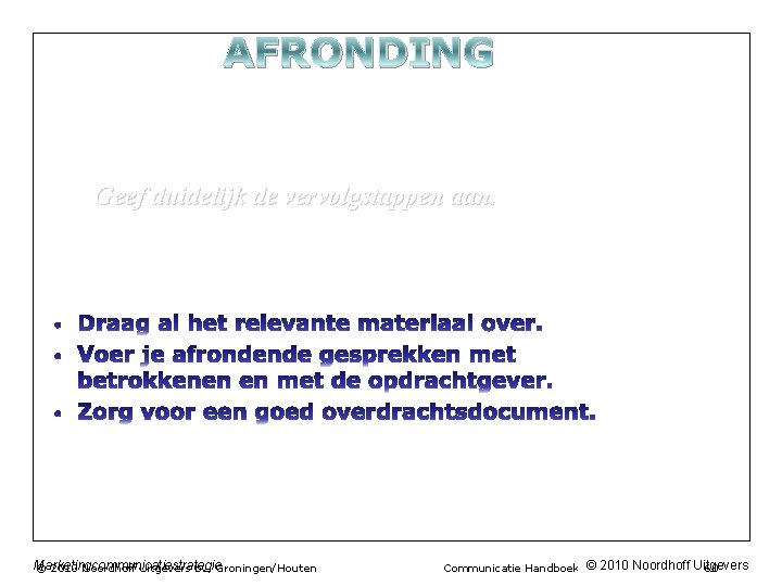 AFRONDING Geef duidelijk de vervolgstappen aan. Marketingcommunicatiestrategie © 2010 Noordhoff Uitgevers bv, Groningen/Houten Communicatie