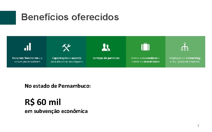 Benefícios oferecidos No estado de Pernambuco: R$ 60 mil em subvenção econômica 7 