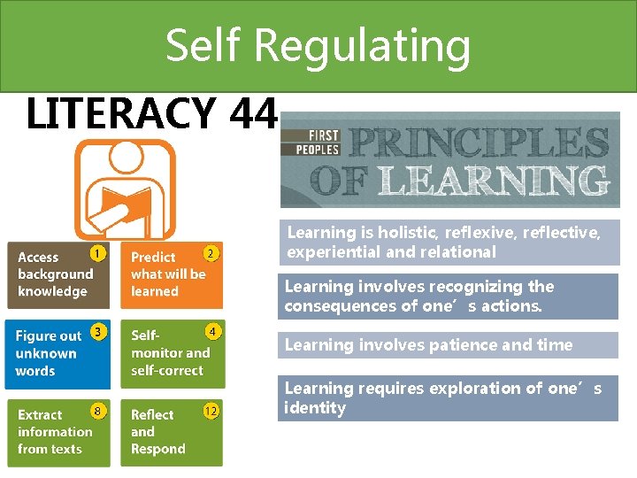 Self Regulating LITERACY 44 Learning is holistic, reflexive, reflective, experiential and relational Learning involves