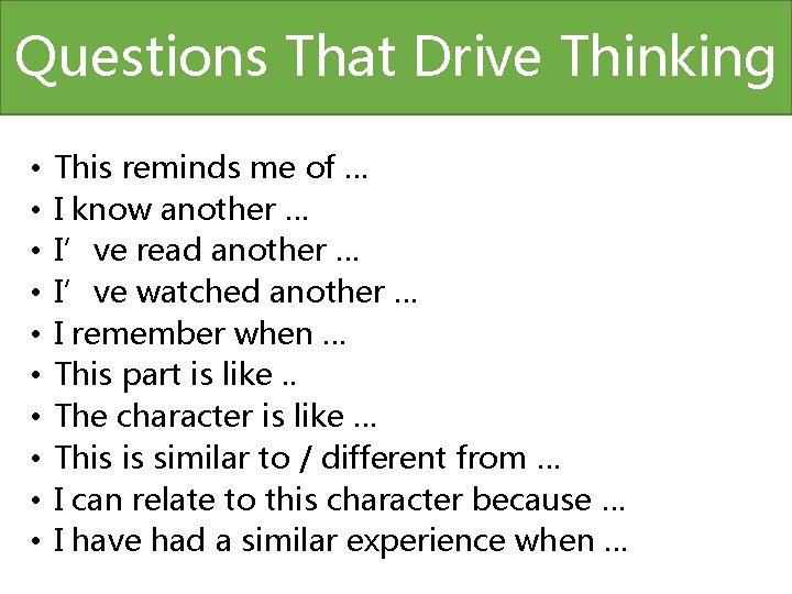 Questions That Drive Thinking • • • This reminds me of … I know