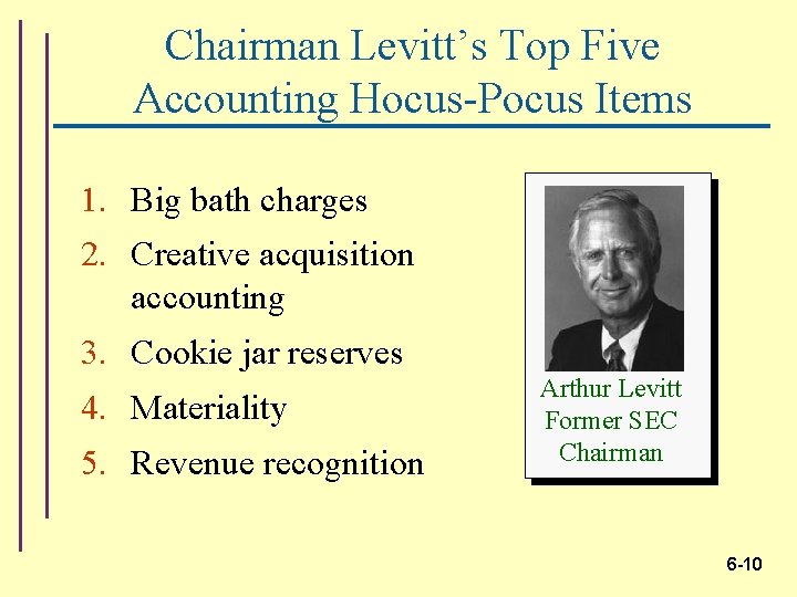 Chairman Levitt’s Top Five Accounting Hocus-Pocus Items 1. Big bath charges 2. Creative acquisition