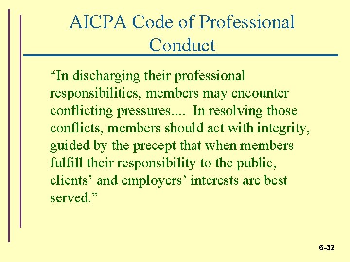 AICPA Code of Professional Conduct “In discharging their professional responsibilities, members may encounter conflicting