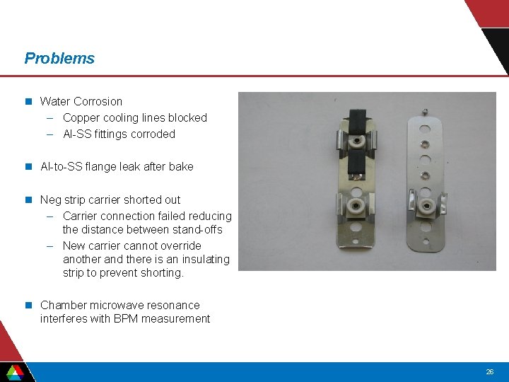 Problems n Water Corrosion – Copper cooling lines blocked – Al-SS fittings corroded n Problems n Water Corrosion – Copper cooling lines blocked – Al-SS fittings corroded n