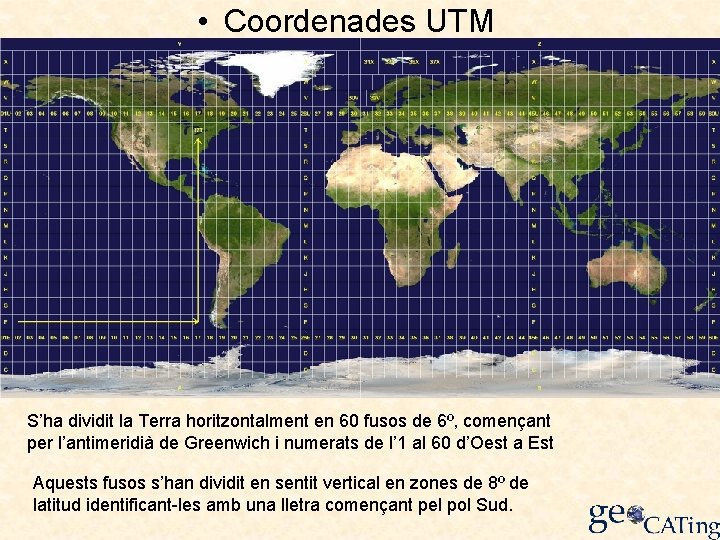  • Coordenades UTM S’ha dividit la Terra horitzontalment en 60 fusos de 6º,