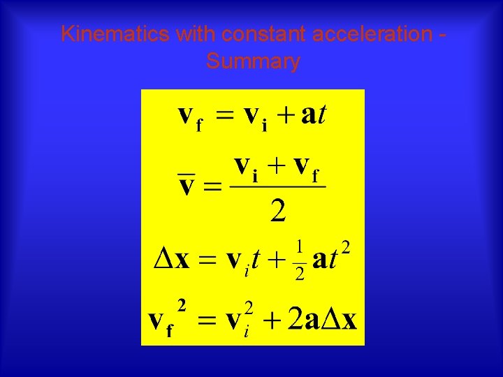 Kinematics with constant acceleration Summary 