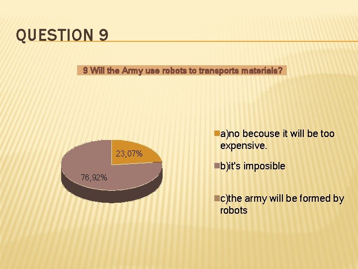 QUESTION 9 9 Will the Army use robots to transports materials? 23, 07% a)no