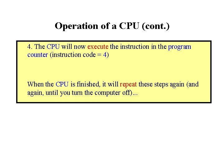 Operation of a CPU (cont. ) 4. The CPU will now execute the instruction