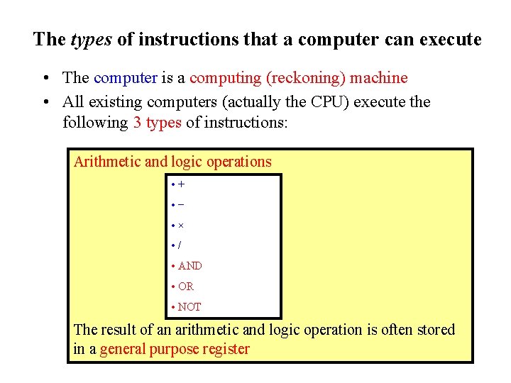 The types of instructions that a computer can execute • The computer is a