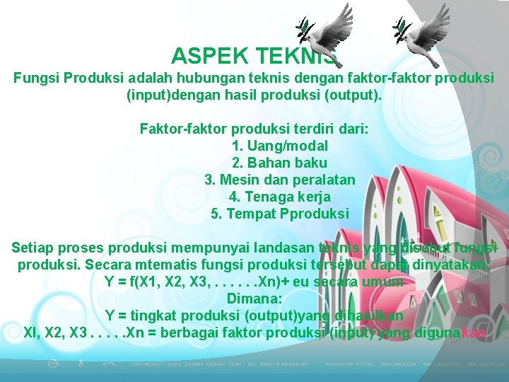 ASPEK TEKNIS Fungsi Produksi adalah hubungan teknis dengan faktor-faktor produksi (input)dengan hasil produksi (output).