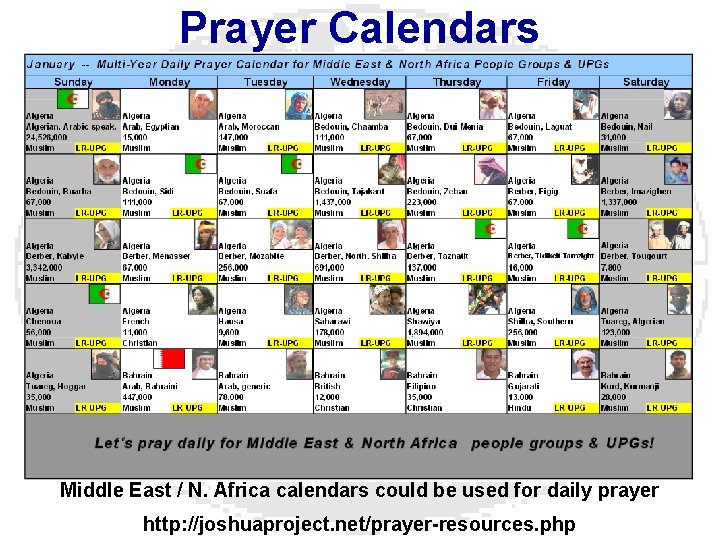 Prayer Calendars (For bulletins / Wed. eve. ) Middle East / N. Africa calendars