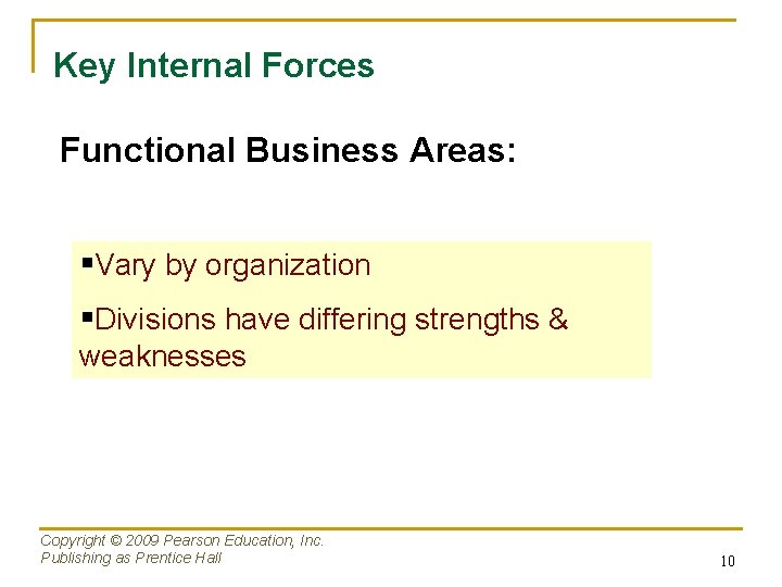 Key Internal Forces Functional Business Areas: §Vary by organization §Divisions have differing strengths &