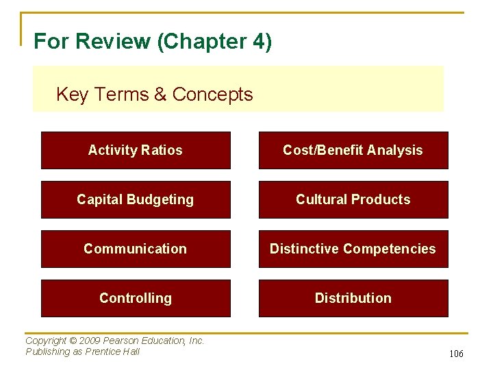 For Review (Chapter 4) Key Terms & Concepts Activity Ratios Cost/Benefit Analysis Capital Budgeting